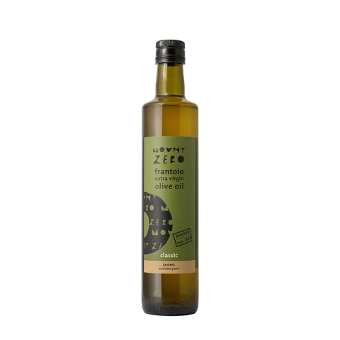 Bottle of Mount Zero olive oil on a white background